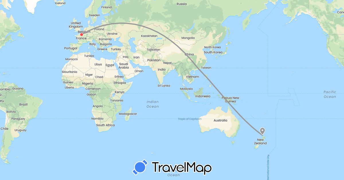 TravelMap itinerary: plane, train, hiking in China, France, New Zealand (Asia, Europe, Oceania)